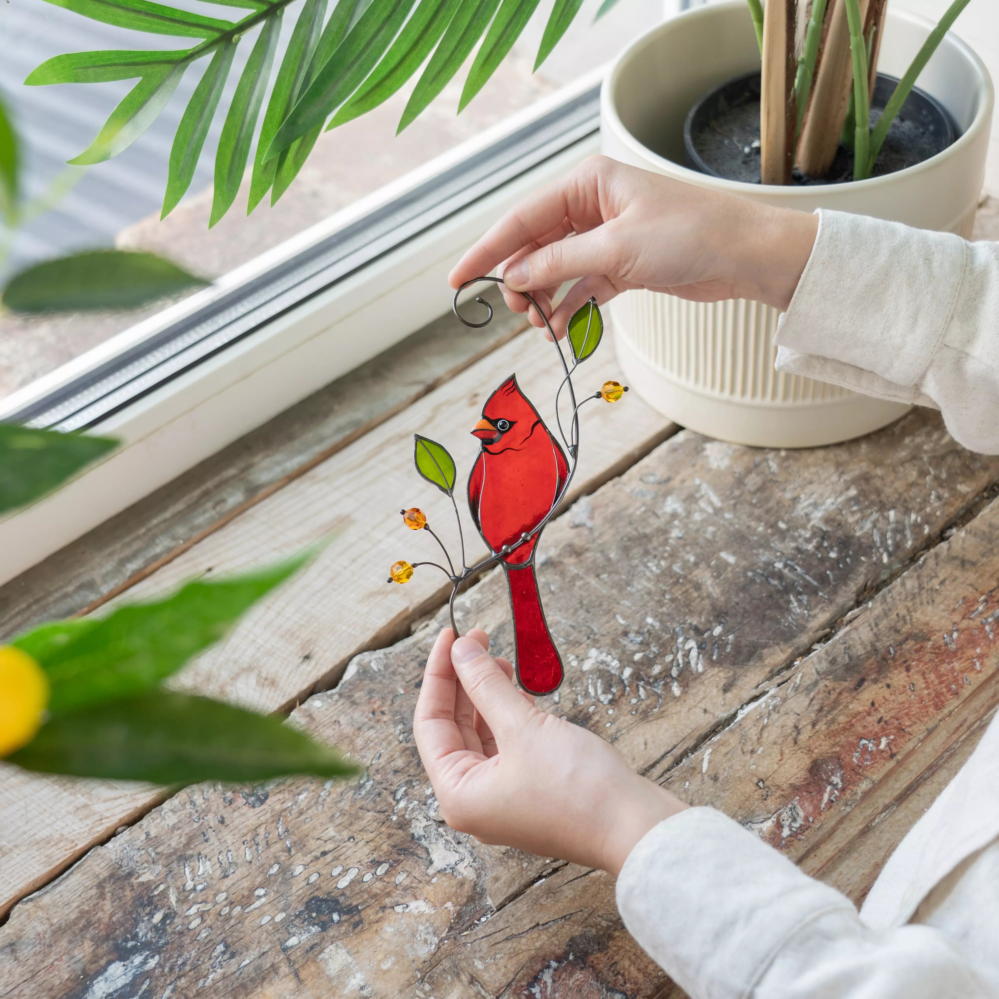 Stained glass red cardinal suncatcher garden decor