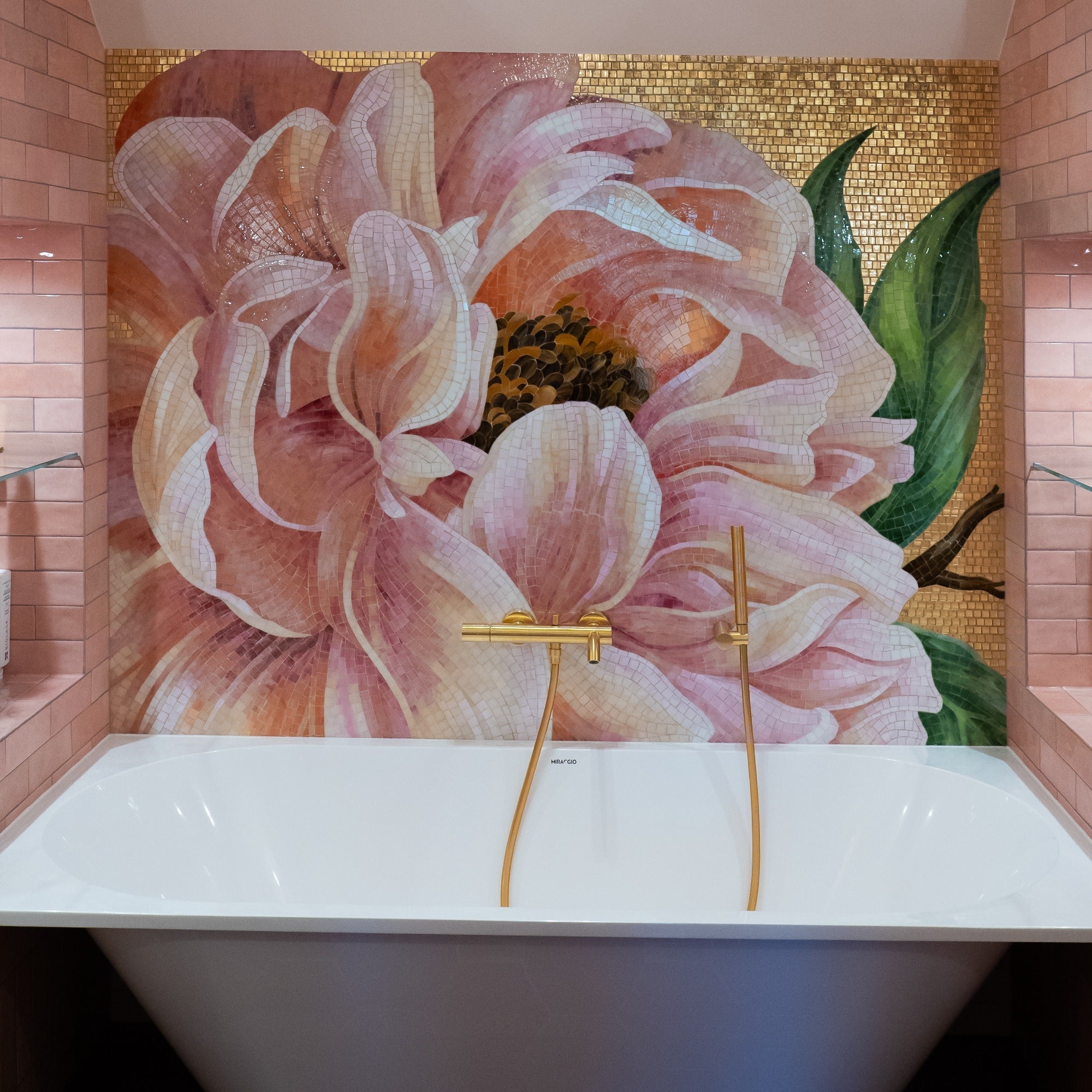 Bathroom with a floral mural on the wall above a white bathtub.