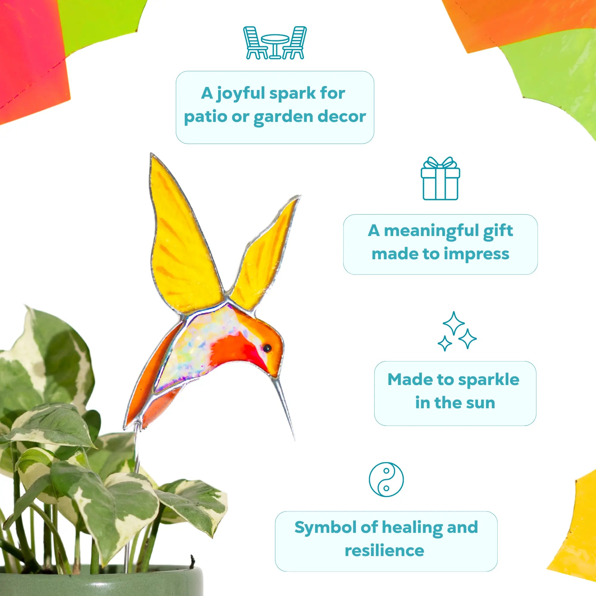 Pair of Yellow and Blue Hummingbirds - Stained Glass Plant Stakes