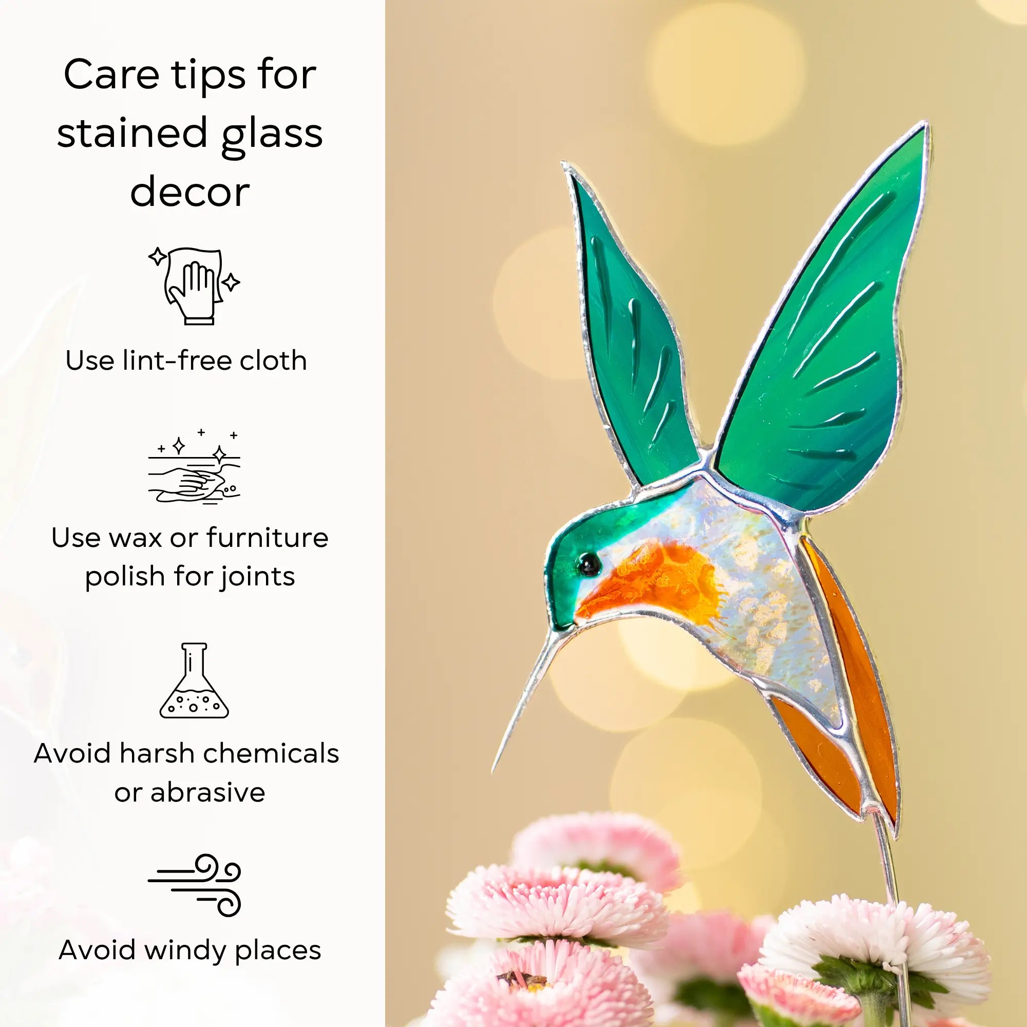 Pair of Yellow and Blue Hummingbirds - Stained Glass Plant Stakes