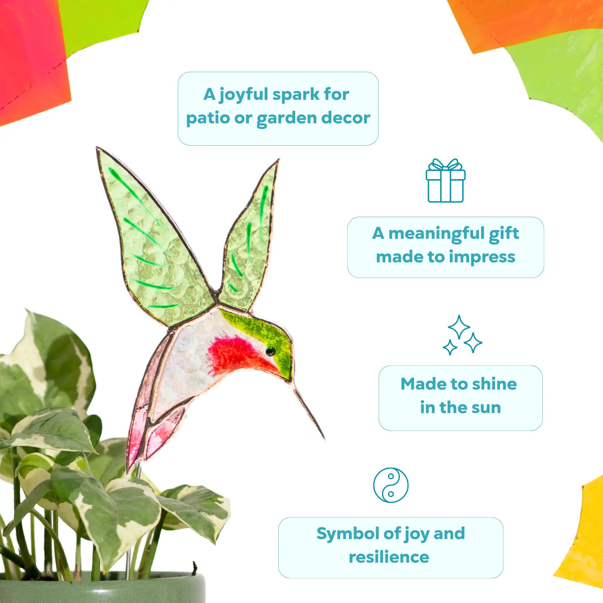 Pair of Green and Purple Hummingbirds – Stained Glass Plant Stakes