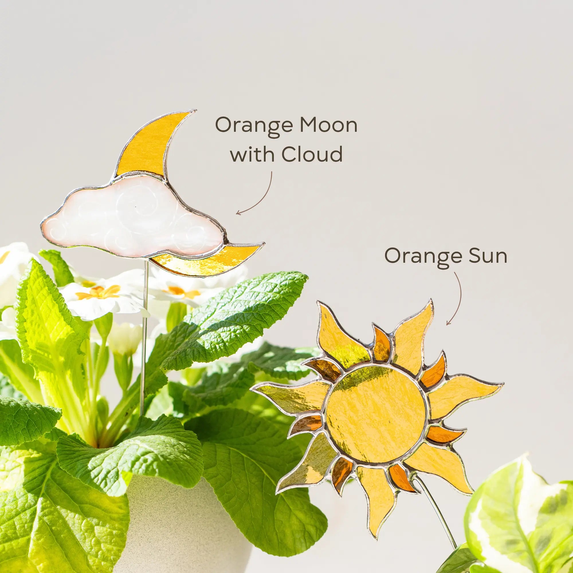 Orange Sun and Moon with White Cloude - Stained Glass Plant Stakes