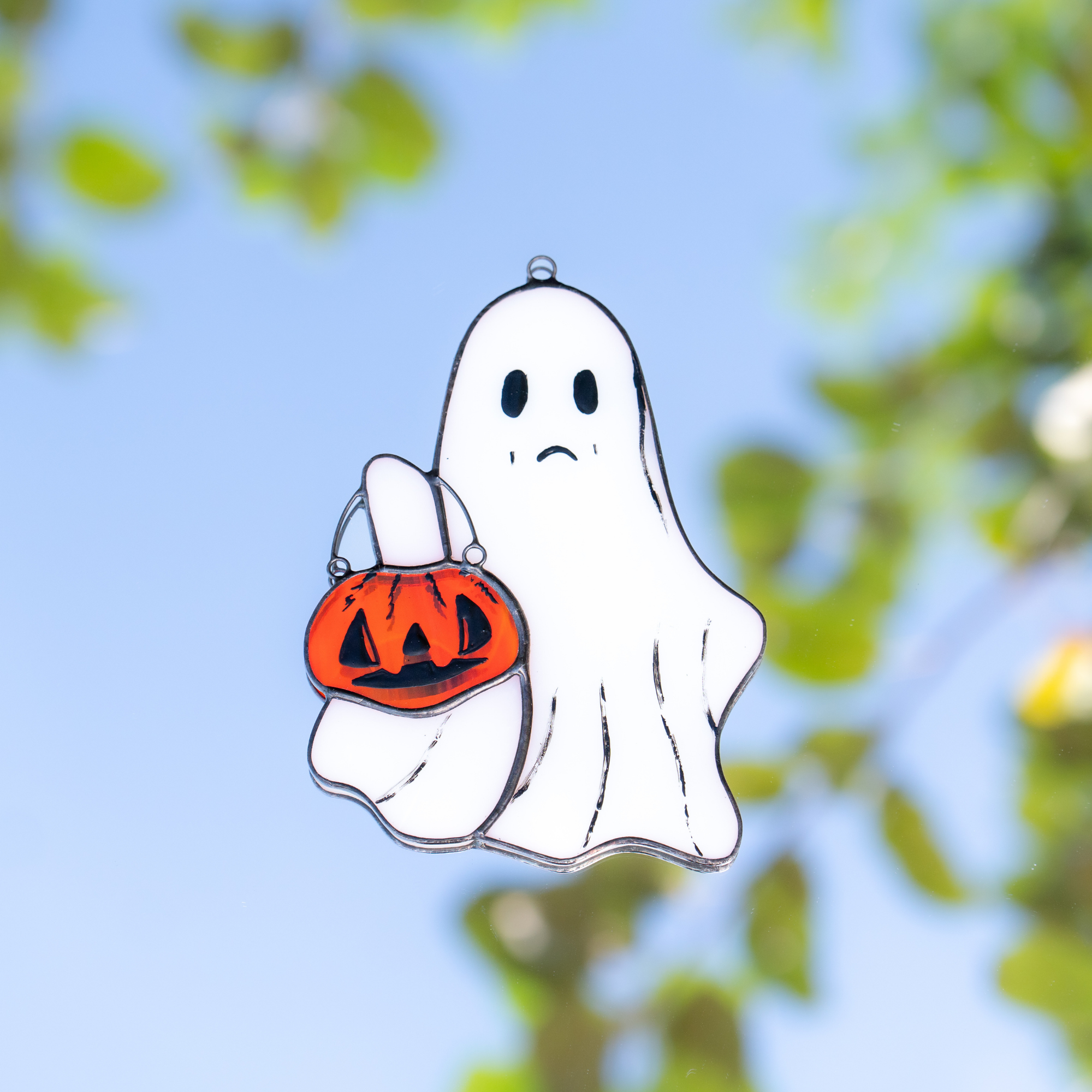 Ghost with a Pumpkin - Stained Glass Suncatcher