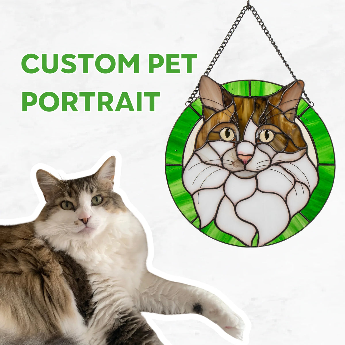 Real cat next to a custom stained glass pet portrait made of stained glass on a white background