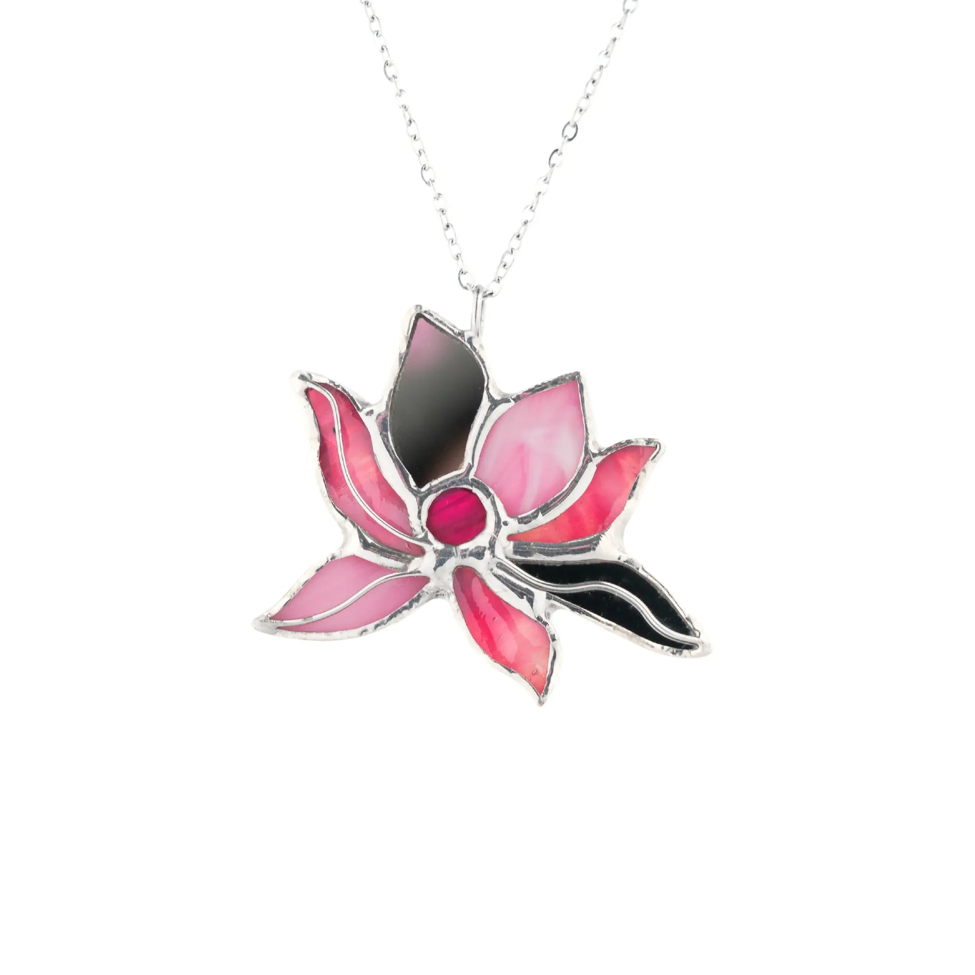 Handmade stained glass pink lotus necklace - a soft pink lotus flower pendant with layered glass petals, on a fine stainless steel chain, a meaningful gift from Glass Art Stories