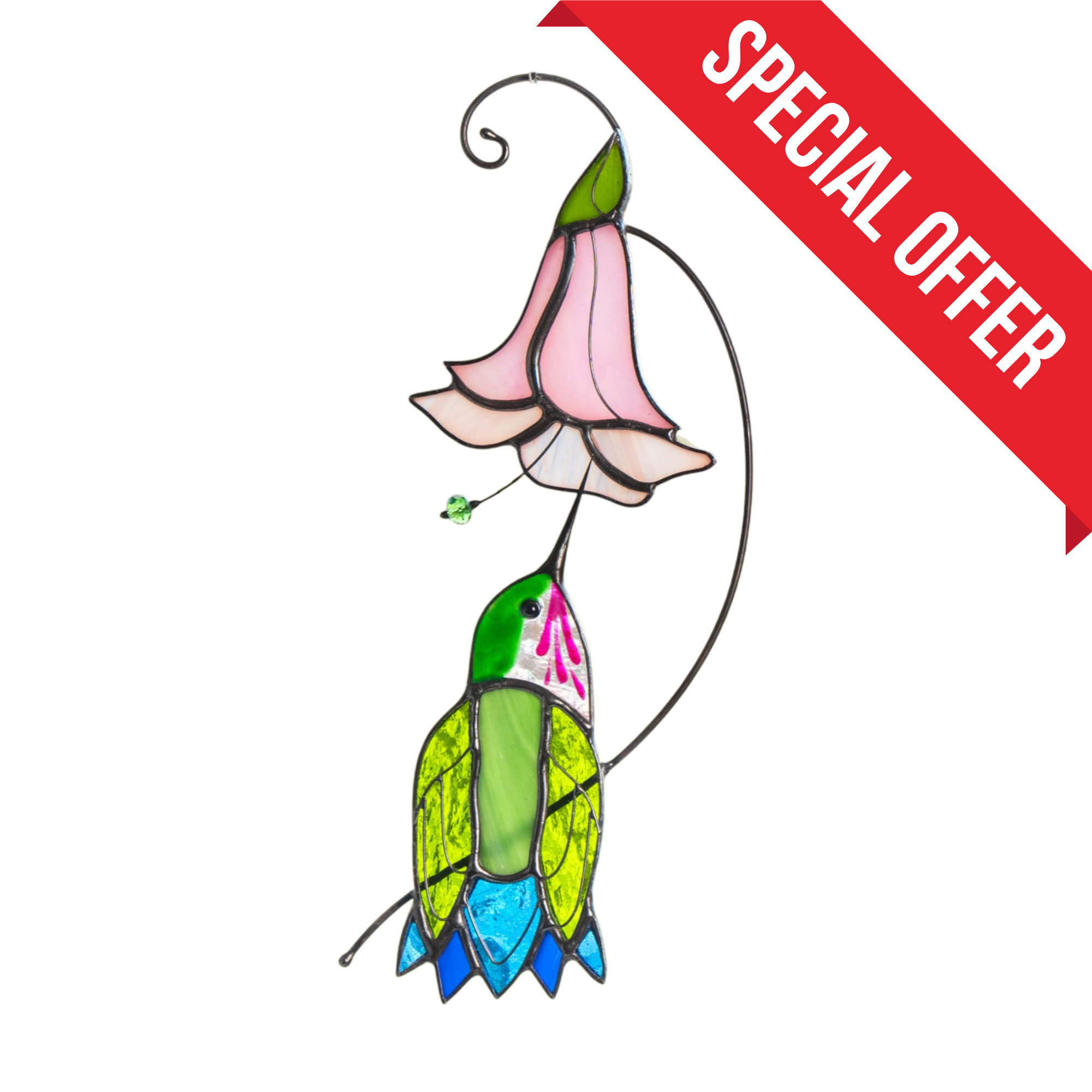 Hummingbird and bell flower stained glass window hanging