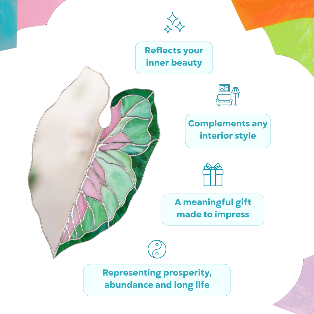 Caladium Leaf Stained Glass Mirror in pink and green glass - handmade stained glass home decor that complements any interior style, a meaningful gift representing prosperity, abundance and long life