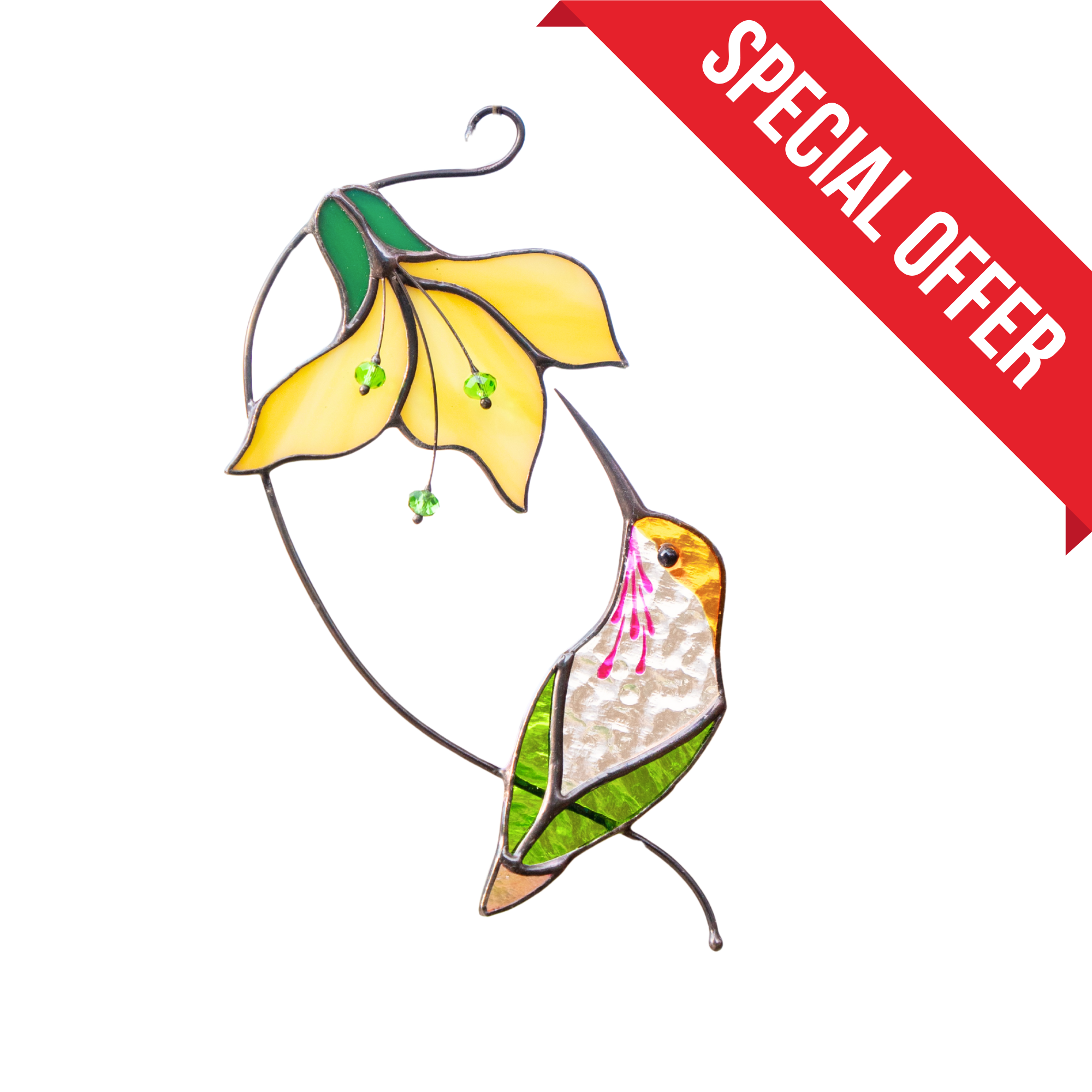 Hummingbird with yellow flower stained glass suncatcher