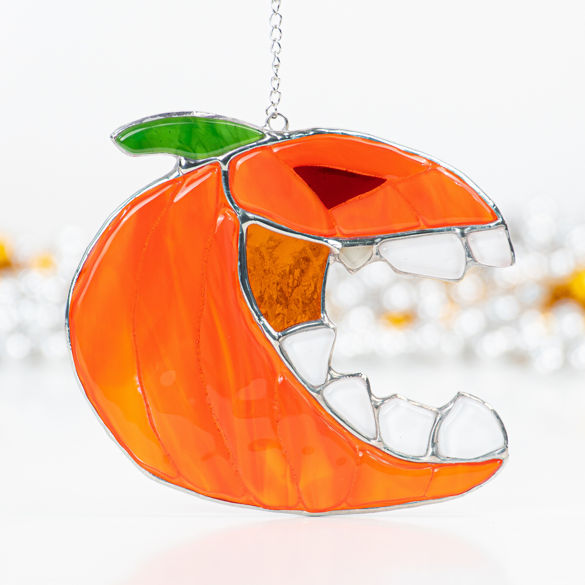 Pumpkin with Fangs - Fused Glass Suncatcher
