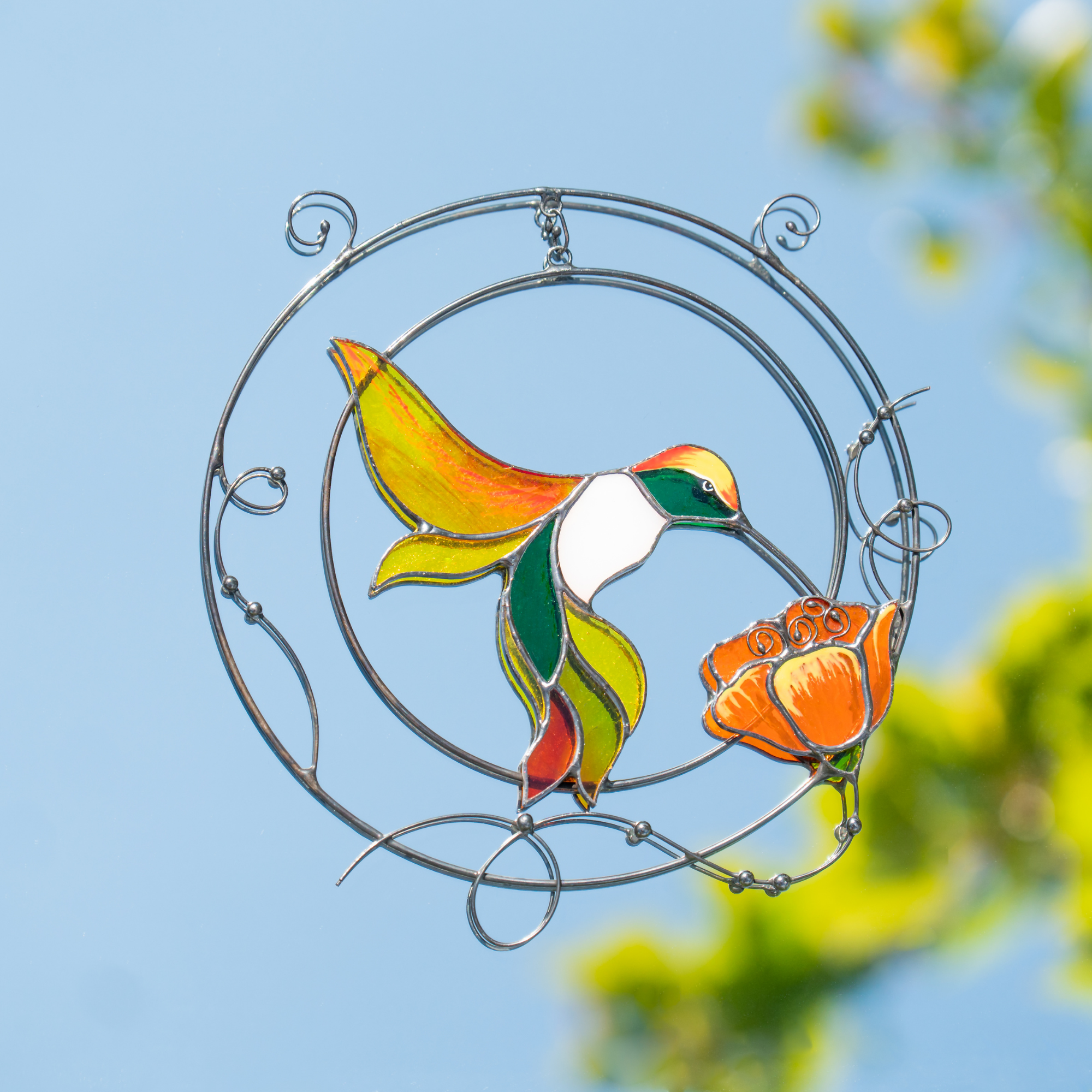 Hummingbird with Yellow Feathers - Stained Glass Suncatcher