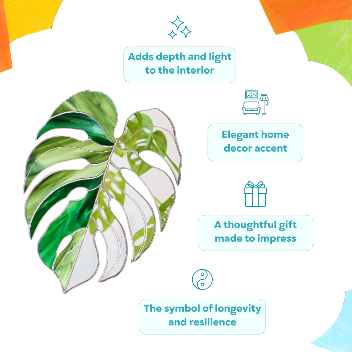 Monstera Leaf Stained Glass Mirror in swirled green glass - an elegant home decor accent that adds depth and light to any room, a thoughtful gift symbolizing longevity and resilience