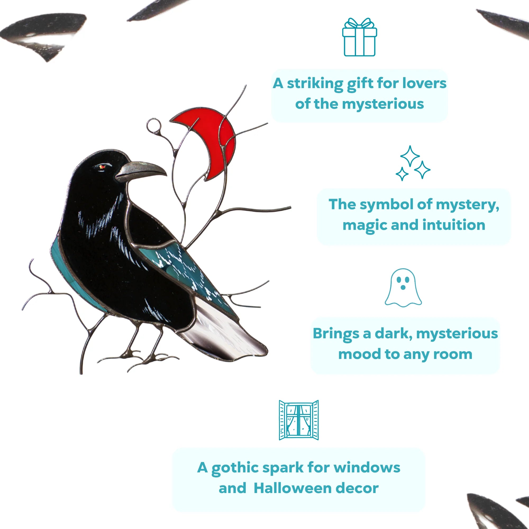 Infographic for a stained glass raven and red crescent moon suncatcher - a striking gift and symbol of mystery, magic and intuition that brings a dark, gothic mood to any window or Halloween decor