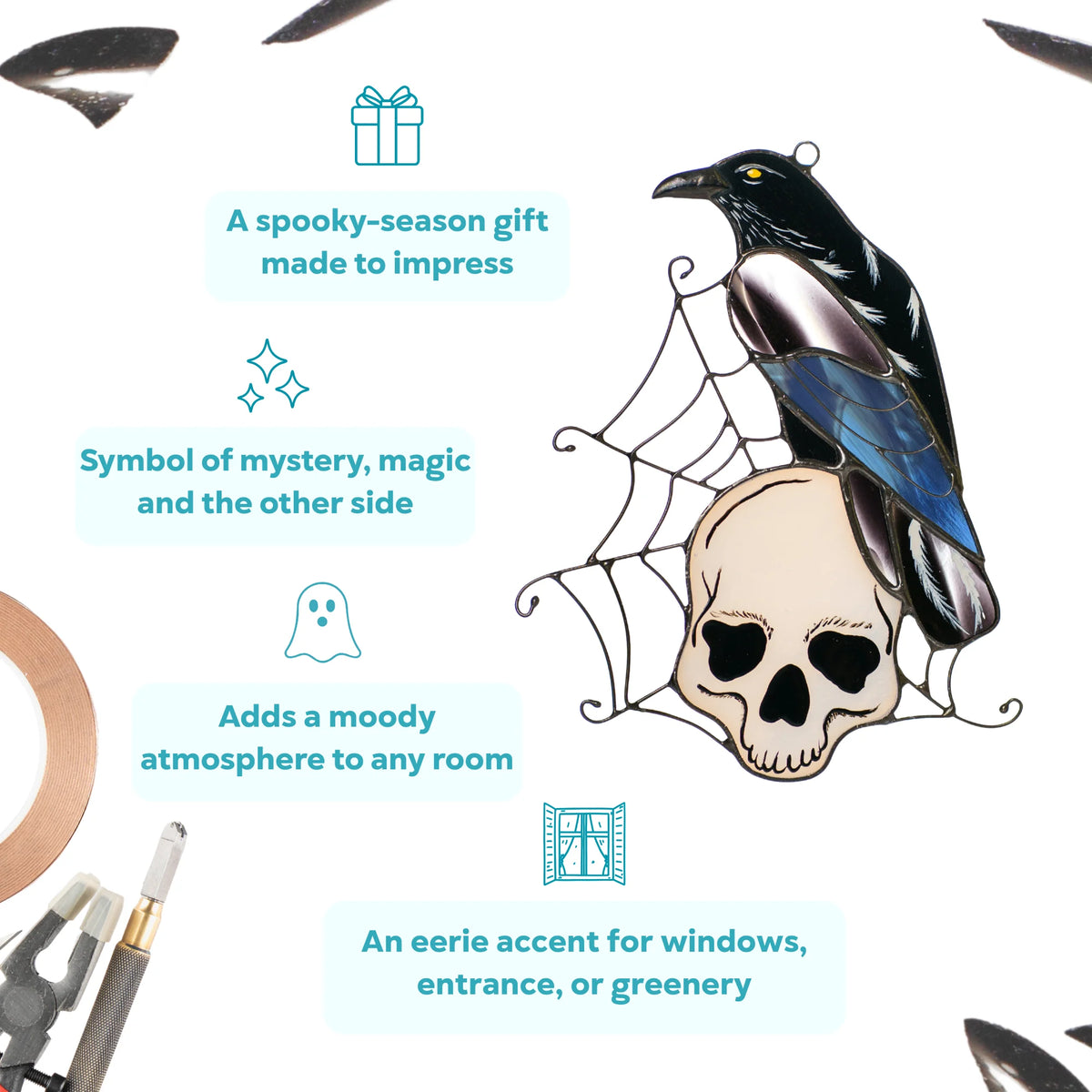 Infographic for a stained glass raven and skull suncatcher - a spooky-season gift and symbol of mystery and magic that adds a moody, eerie accent to any window, entrance, or greenery, handmade from stained glass