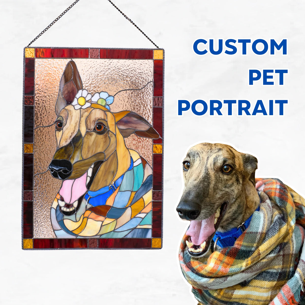 Custom stained glass pet portrait of a smiling brindle greyhound with daisies behind its ear and a patchwork scarf, set in a red glass border next to the dog's photo - handmade custom dog decor