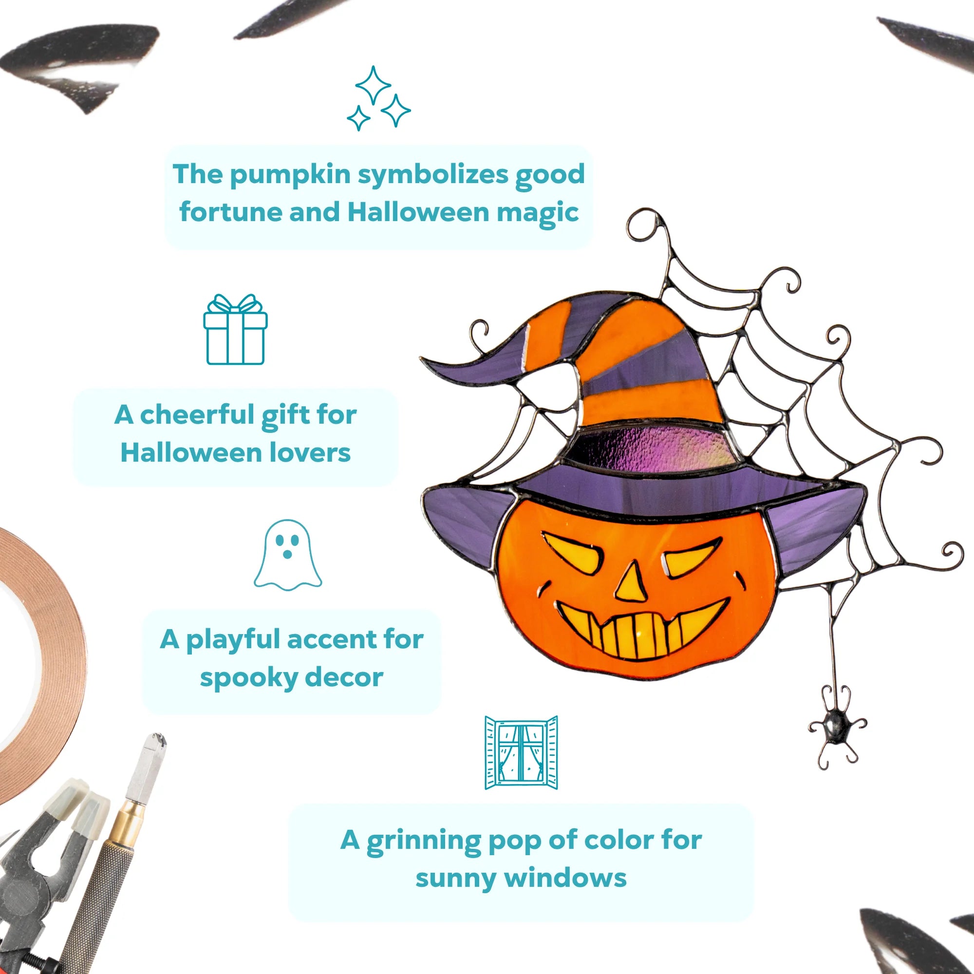Infographic for a stained glass jack-o'-lantern-in-a-witch-hat suncatcher - a symbol of good fortune and Halloween magic, a cheerful gift and playful, grinning pop of color for spooky decor and sunny windows