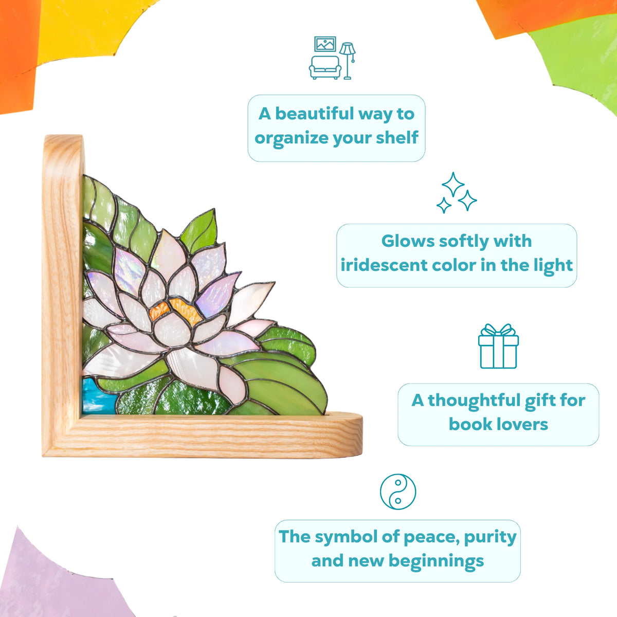 Infographic for a stained glass water lily bookend highlighting it as bookshelf decor, an iridescent glass gift for book lovers, symbolizing peace and new beginnings