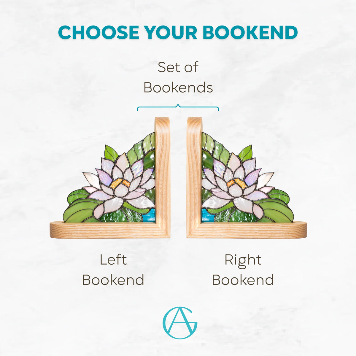 Infographic for a stained glass water lily bookend highlighting it as a single left, right or set of bookends decor, an iridescent glass gift for book lovers, symbolizing peace and new beginnings
