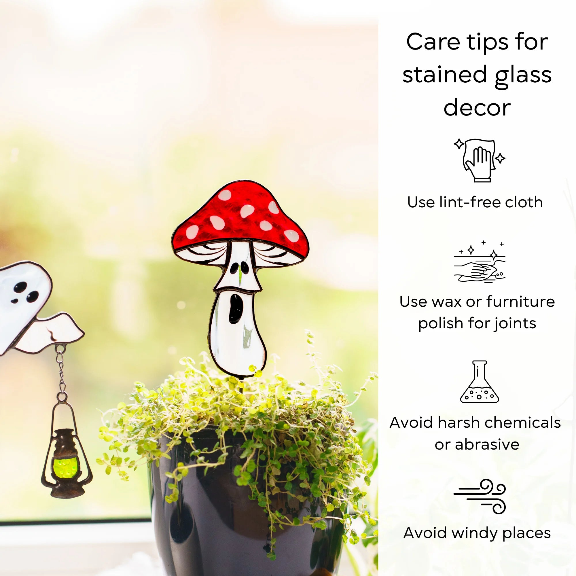 Care tips for stained glass decor shown beside a red fly agaric mushroom plant stake - wipe with a lint-free cloth, wax the joints, avoid harsh chemicals and windy places
