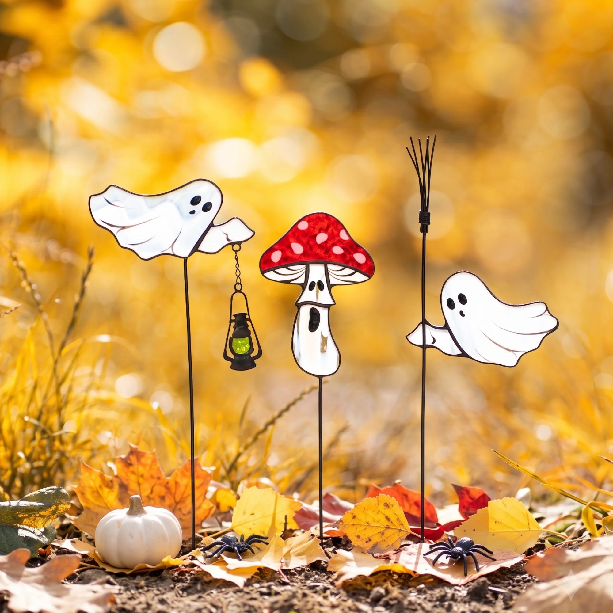Glass ghost and toadstool plant stakes standing in golden autumn grass with a white pumpkin and toy spiders - handmade stained glass halloween decorations for the garden