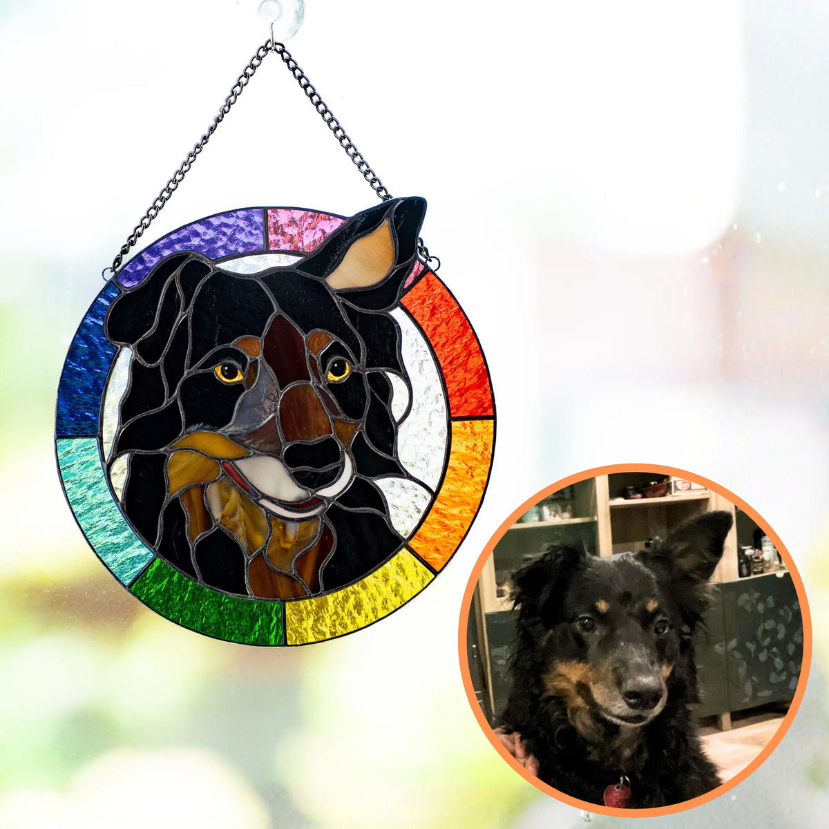Custom stained glass pet portrait of a black and tan dog in a rainbow glass border, hanging on a sunny window beside the original dog photo - a colorful custom dog suncatcher made from your photo