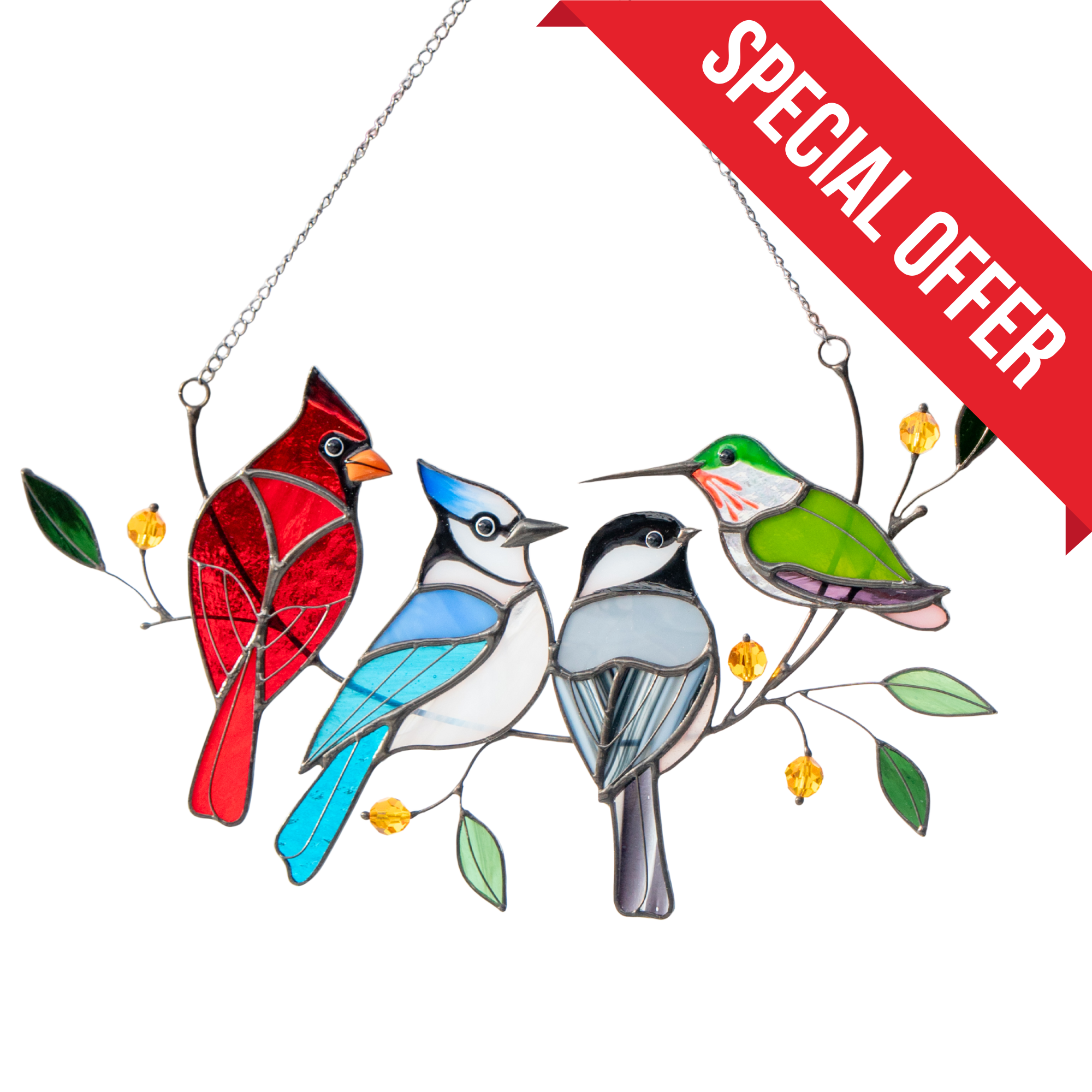 Four Birds on a Branch - Stained Glass Suncatcher