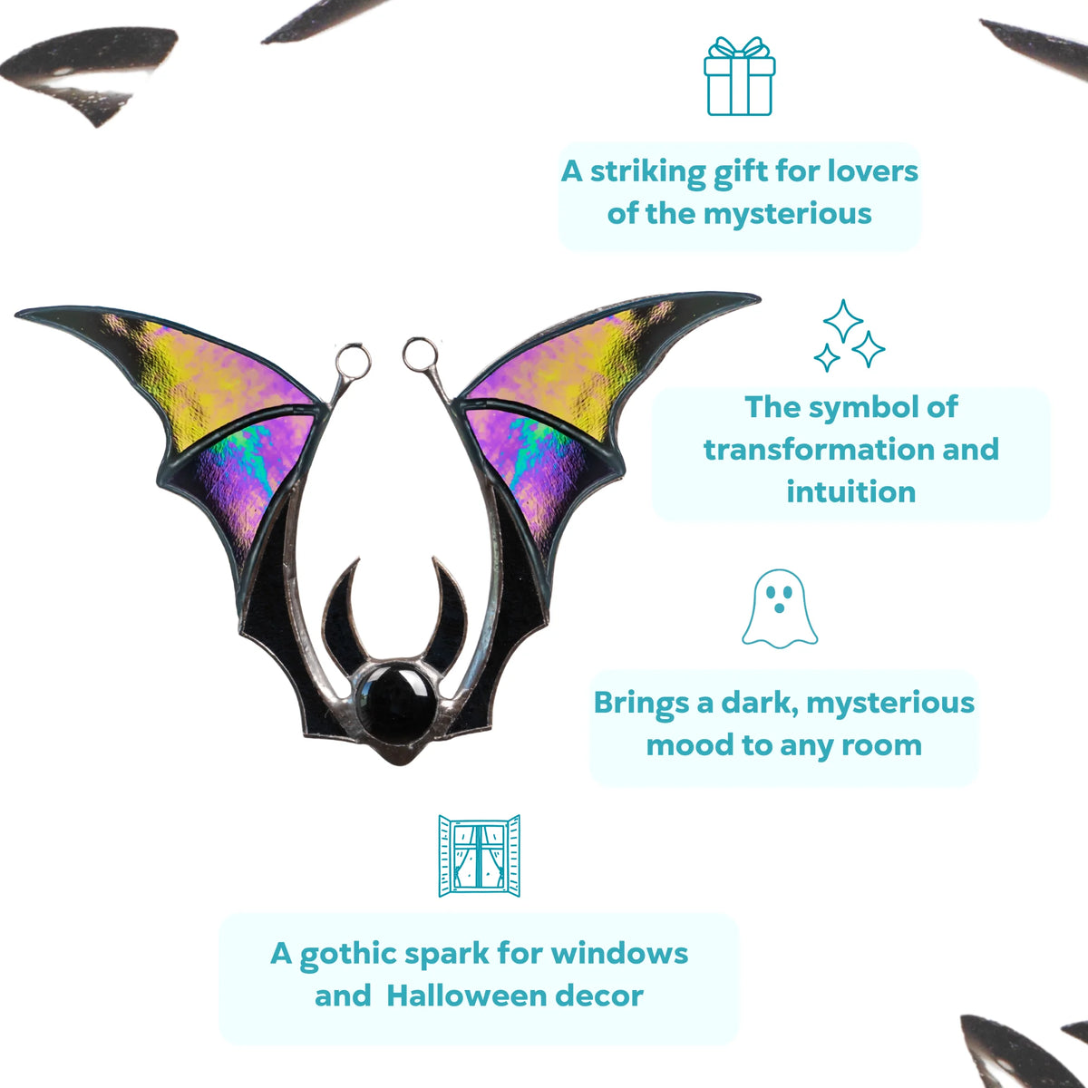 Iridescent bat stained glass suncatcher - a striking gift for lovers of the mysterious, a symbol of transformation and a gothic spark for windows and Halloween decor