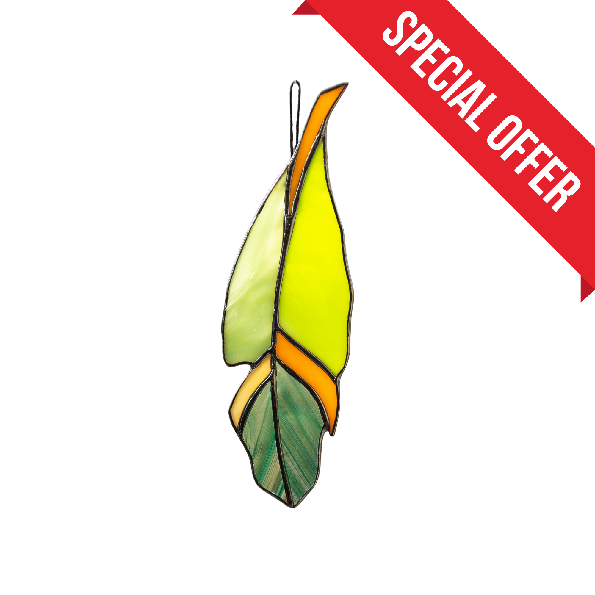 Green Feather with Orange Details - Stained Glass Suncatcher