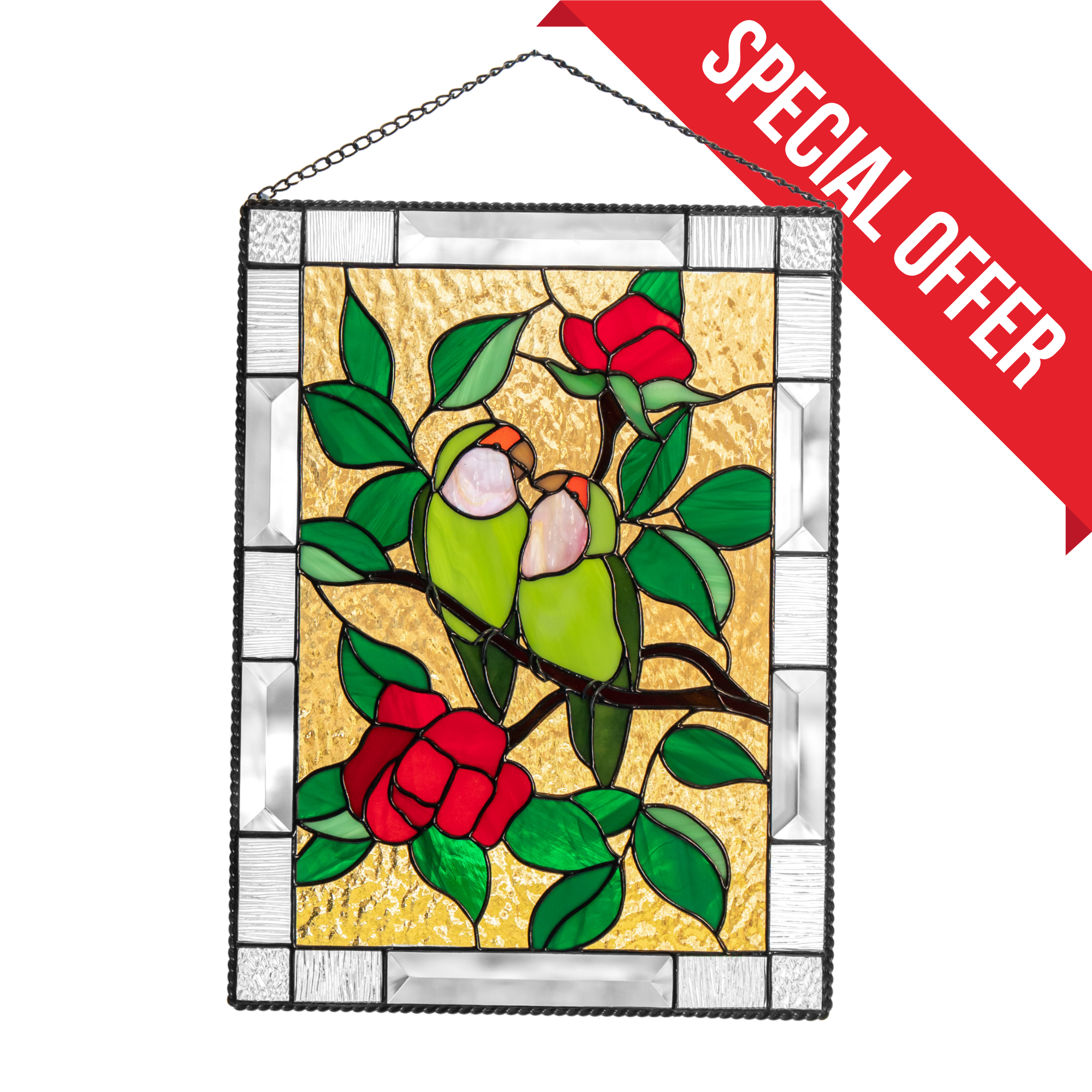 Classic stained glass panel Lovebirds on Flower Branch