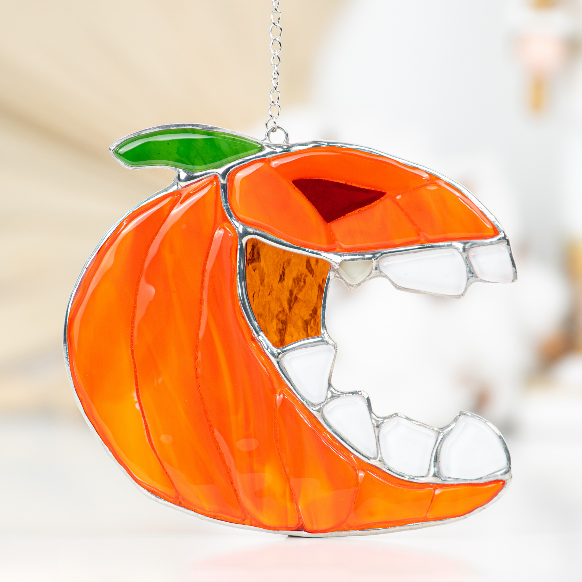Pumpkin with Fangs - Fused Glass Suncatcher