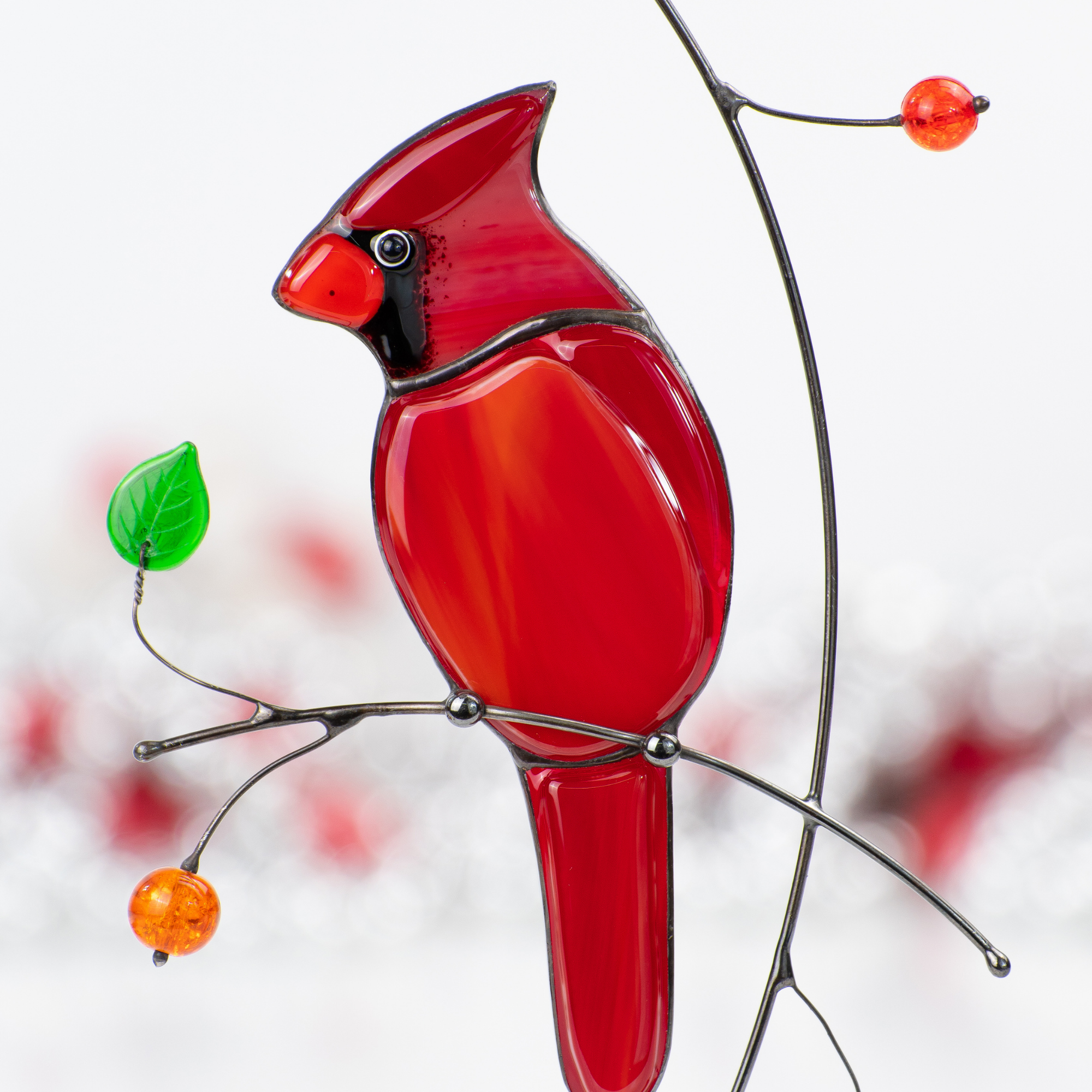 Red Cardinal On The Single Branch - Stained Glass Suncatcher