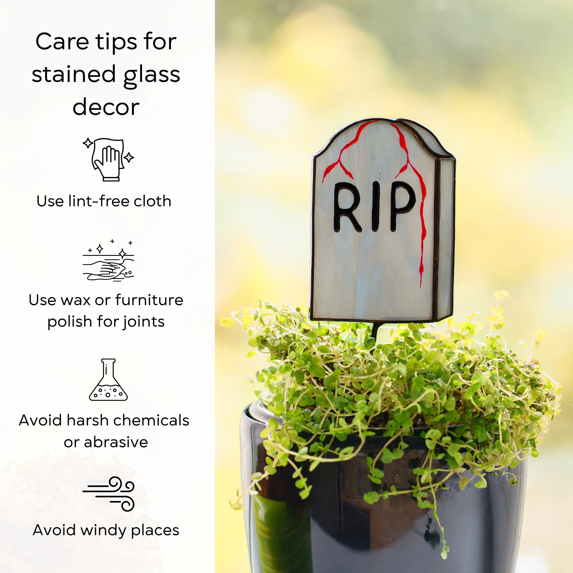 This Halloween stained glass care infographic provides helpful tips to maintain your decor by using a lint-free cloth and avoiding harsh chemicals.