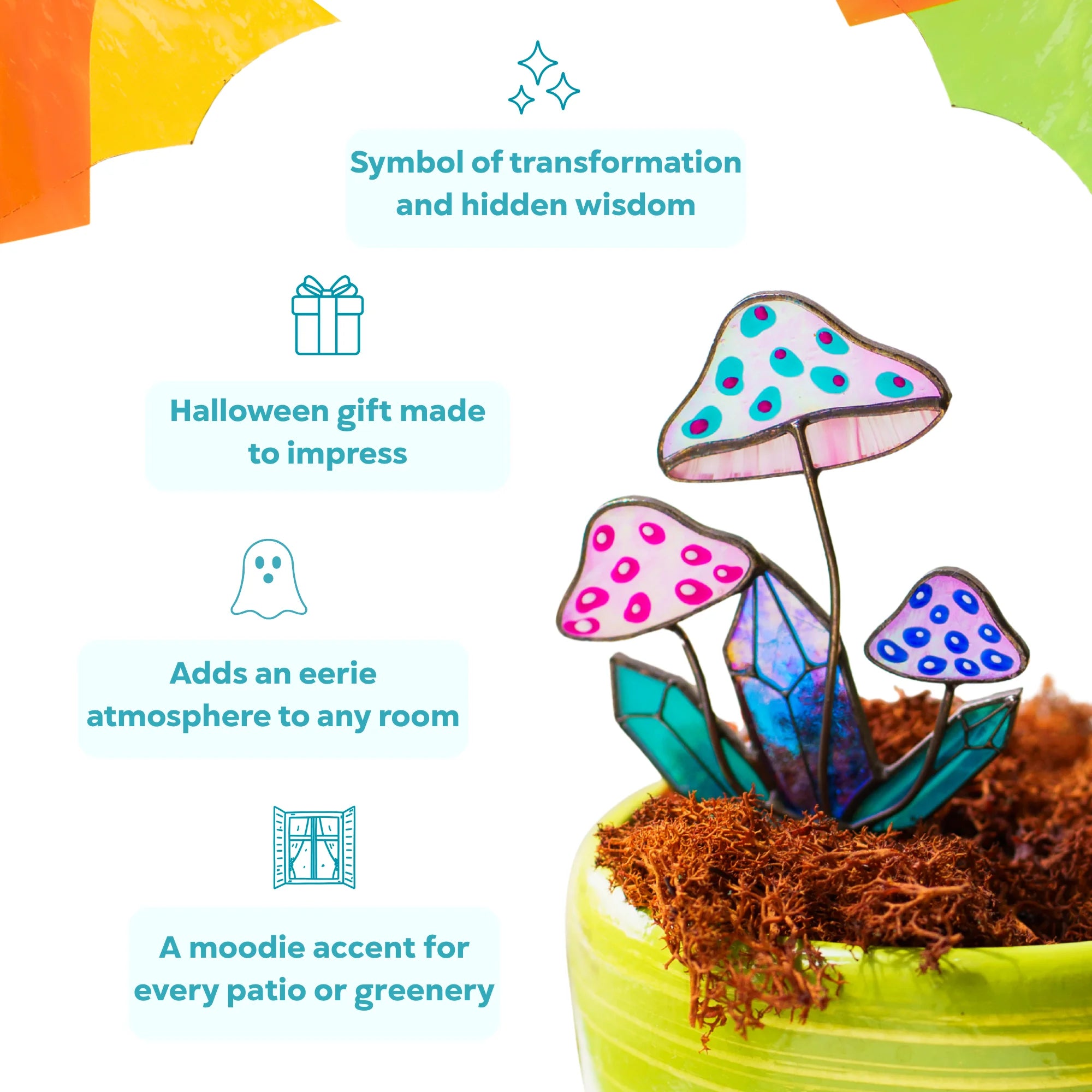 Stained glass mushrooms plant stake in a plant pot with brown moss, perfect choice for Halloween gift