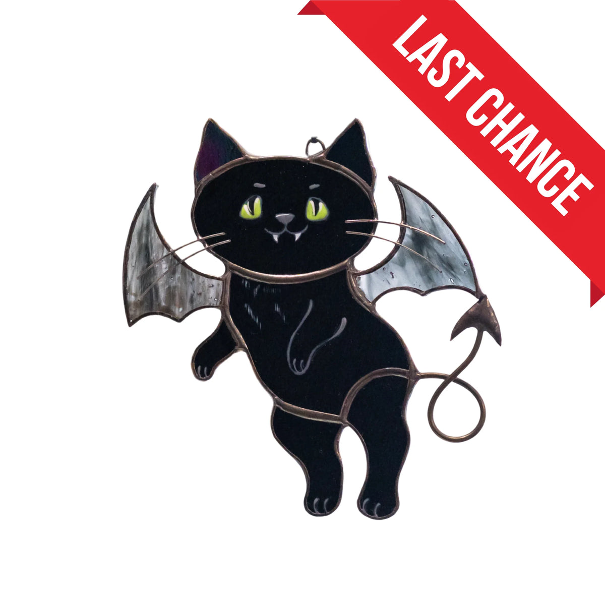 Black Cat with Wings and Devil Horns - Stained Glass Suncatcher