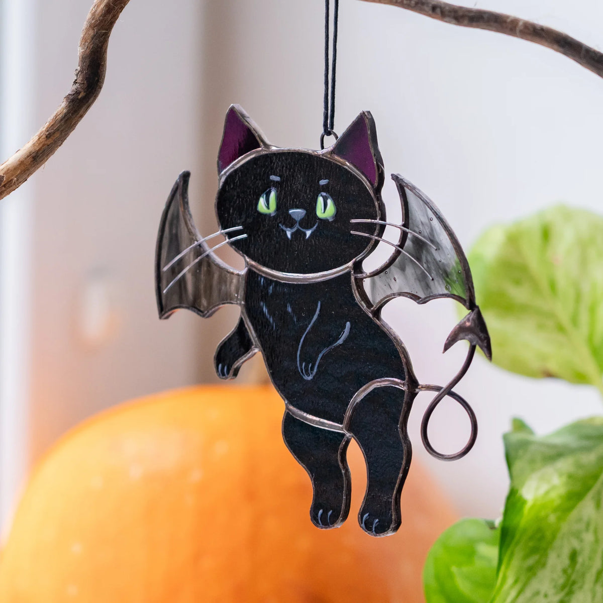 Black Cat with Wings and Devil Horns - Stained Glass Suncatcher
