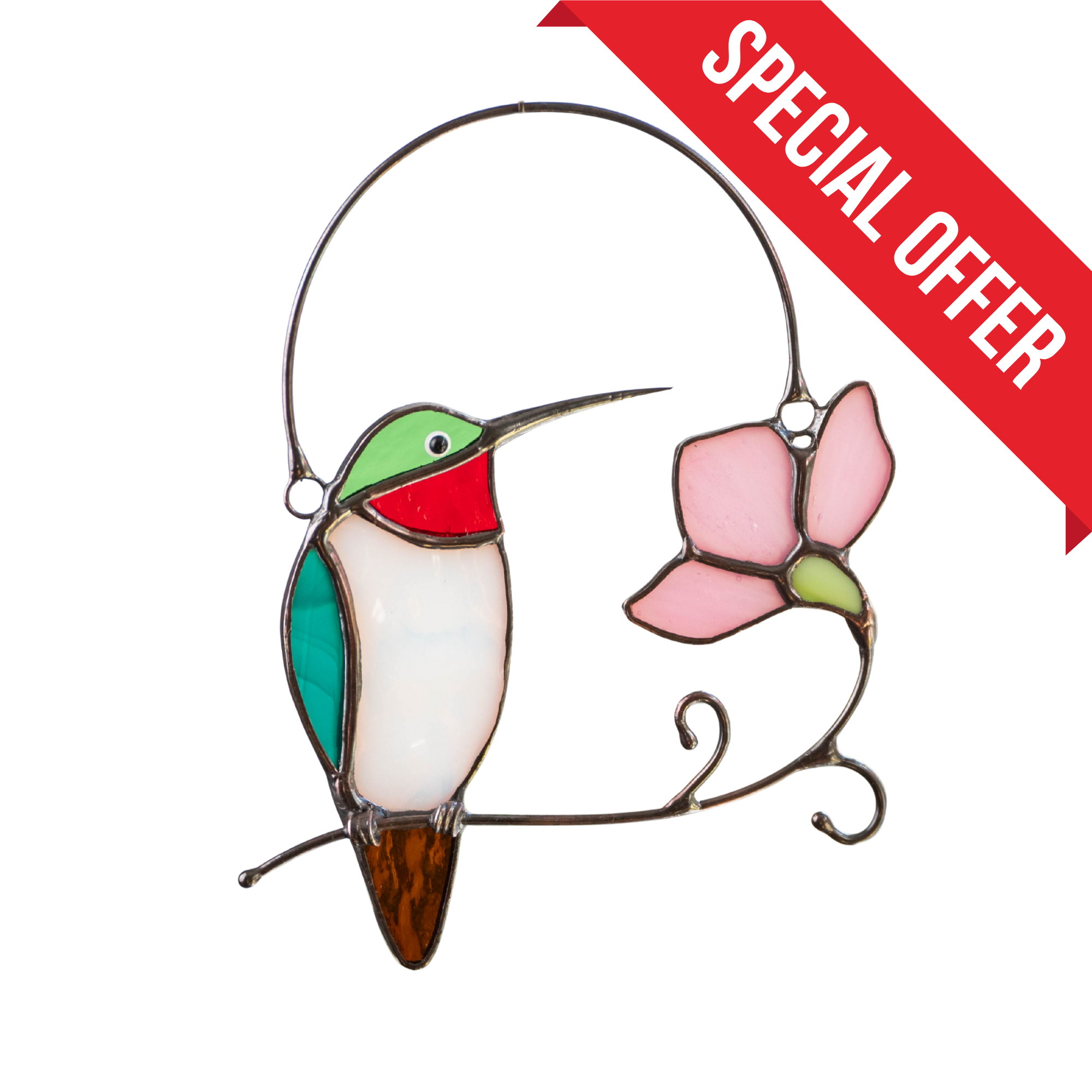 Hummingbird on a Branch with Flower - Stained Glass Suncatcher