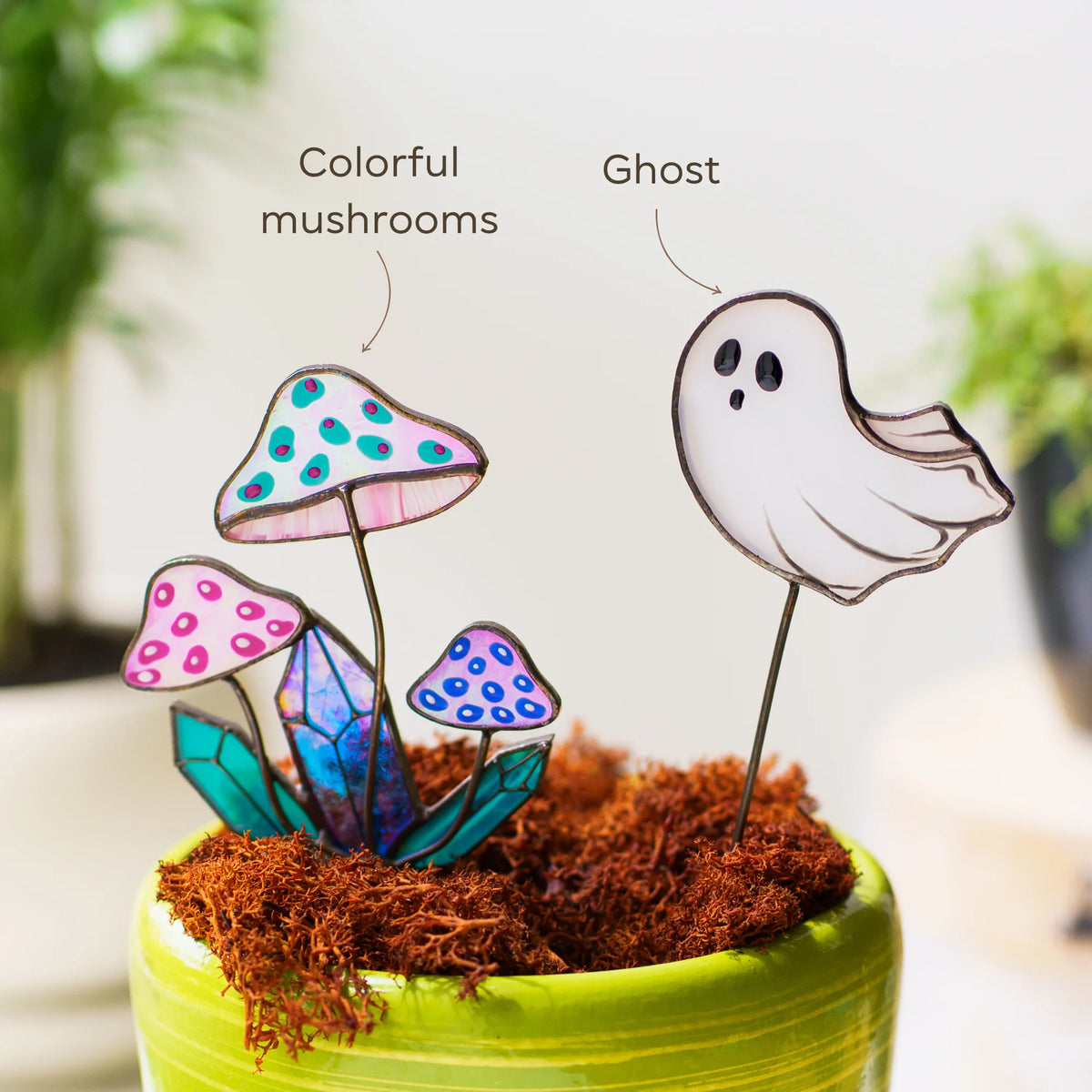 Crystal Mushrooms and Ghost - Stained Glass Plant Stakes