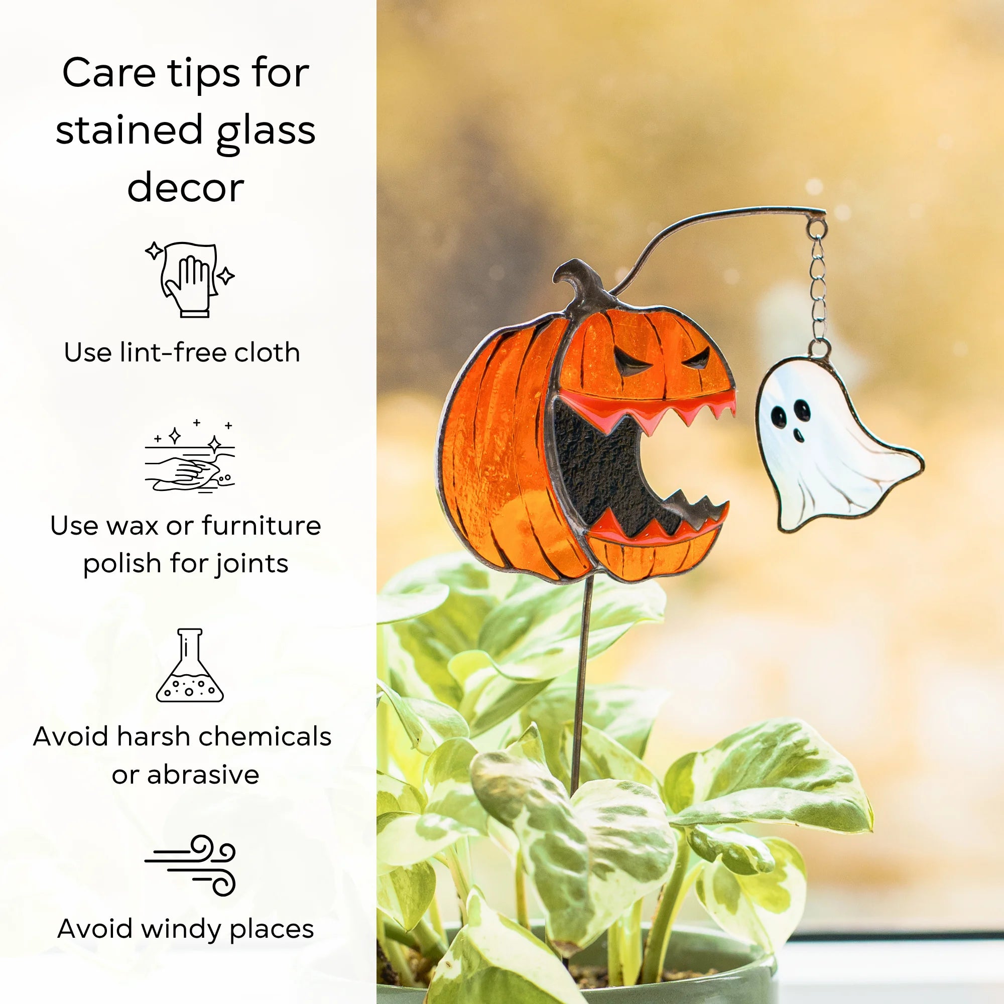 This Halloween stained glass care infographic provides helpful tips to maintain your decor by using a lint-free cloth and avoiding harsh chemicals.