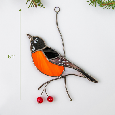 American robin suncatcher in warm light next to white flowers and a 6.1-inch size marker.