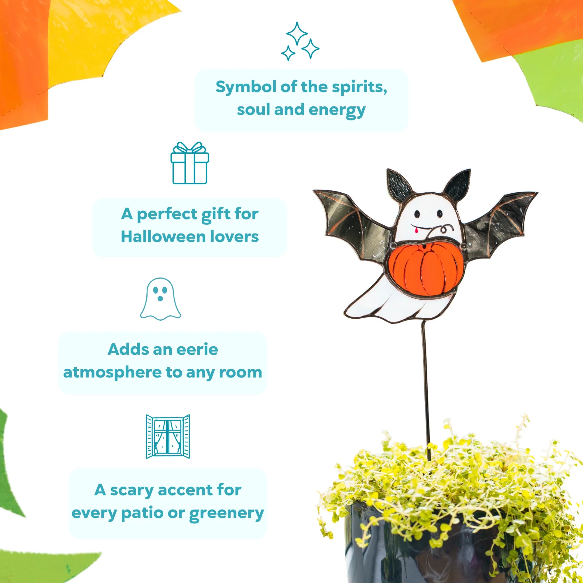 This stained glass Halloween infographic highlights product benefits like adding an eerie atmosphere and makes an impressive gift choice for Halloween lovers.