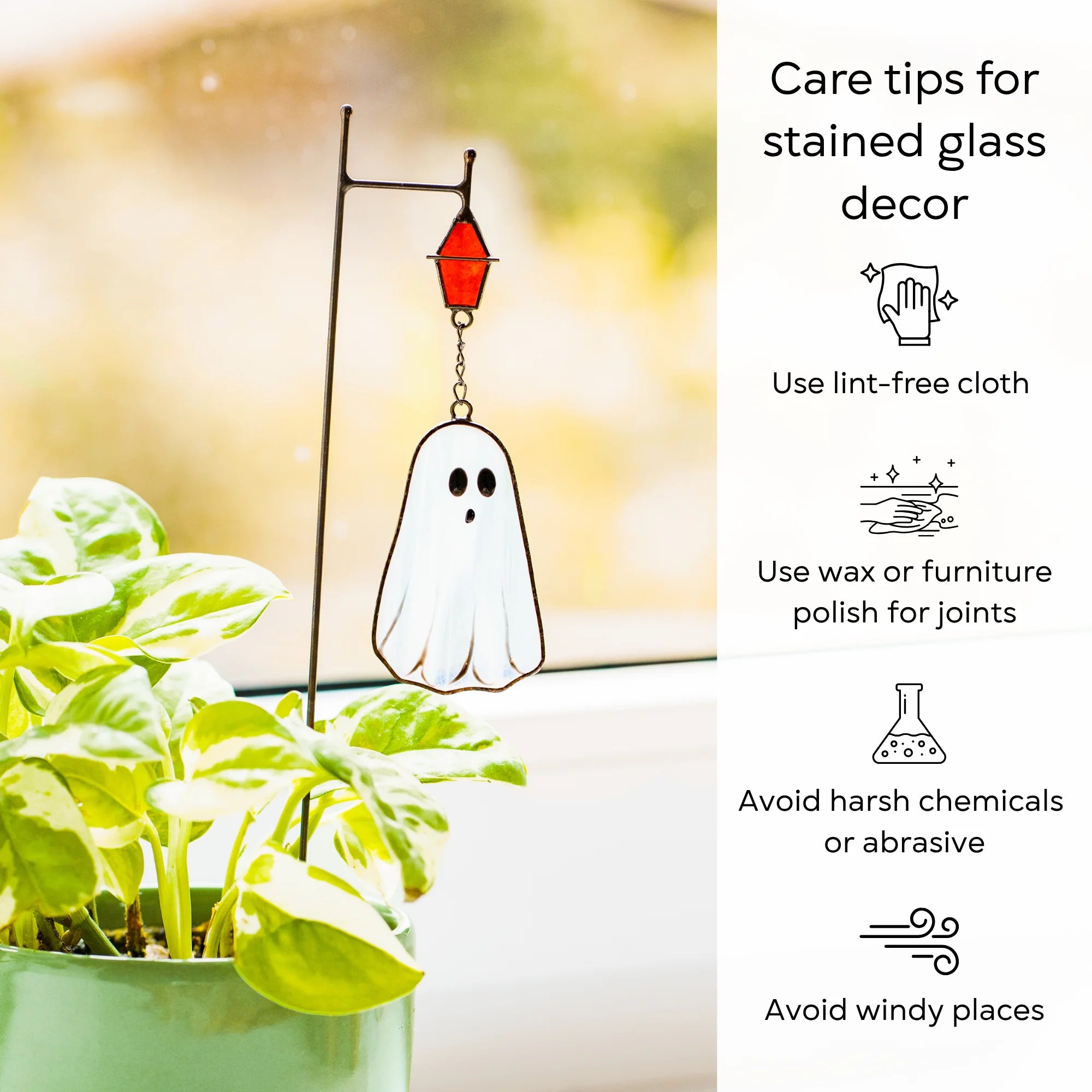 This Halloween stained glass care infographic provides helpful tips to maintain your decor by using a lint-free cloth and avoiding harsh chemicals.
