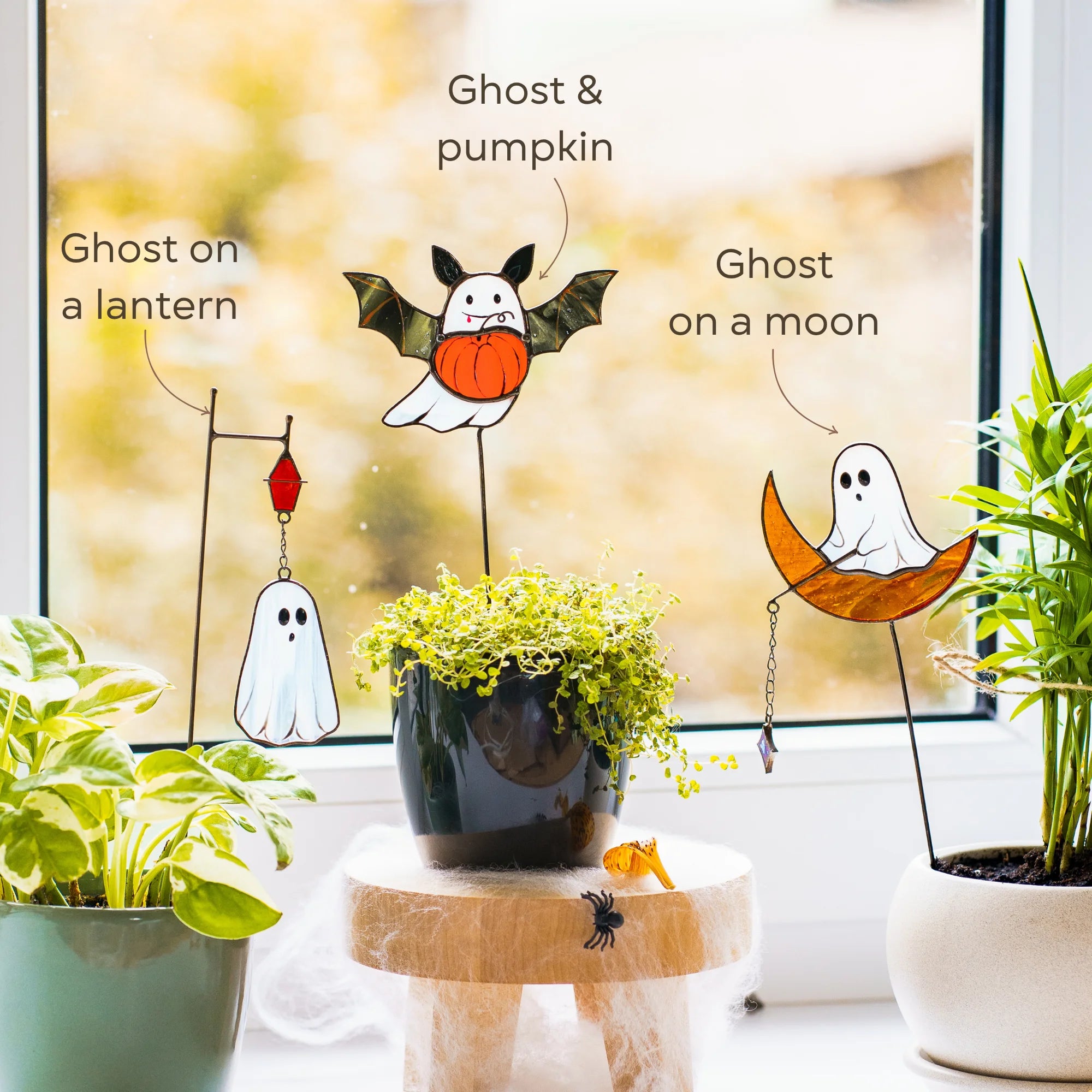This labeled Halloween stained glass infographic highlights the ghost on a lantern, ghost & pumpkin, and ghost on a moon, making a great gift choice.