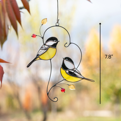 Chickadee suncatcher with size marked and fall leaves background