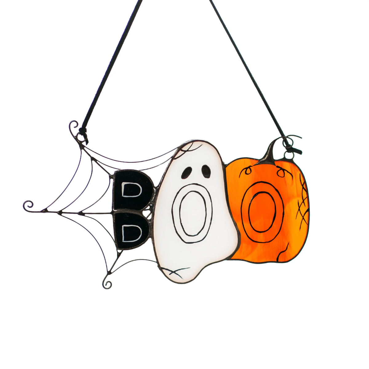 Handmade Halloween stained glass suncatcher spelling BOO with a black letter B, white opal ghost and orange pumpkin, framed by a soldered wire spiderweb on a black hanging cord