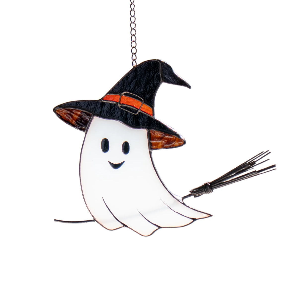 Ghost on a Broom stained glass suncatcher hanging on its chain against a white background - a handmade Halloween glass ghost in a witch's hat, ready to catch light in a window
