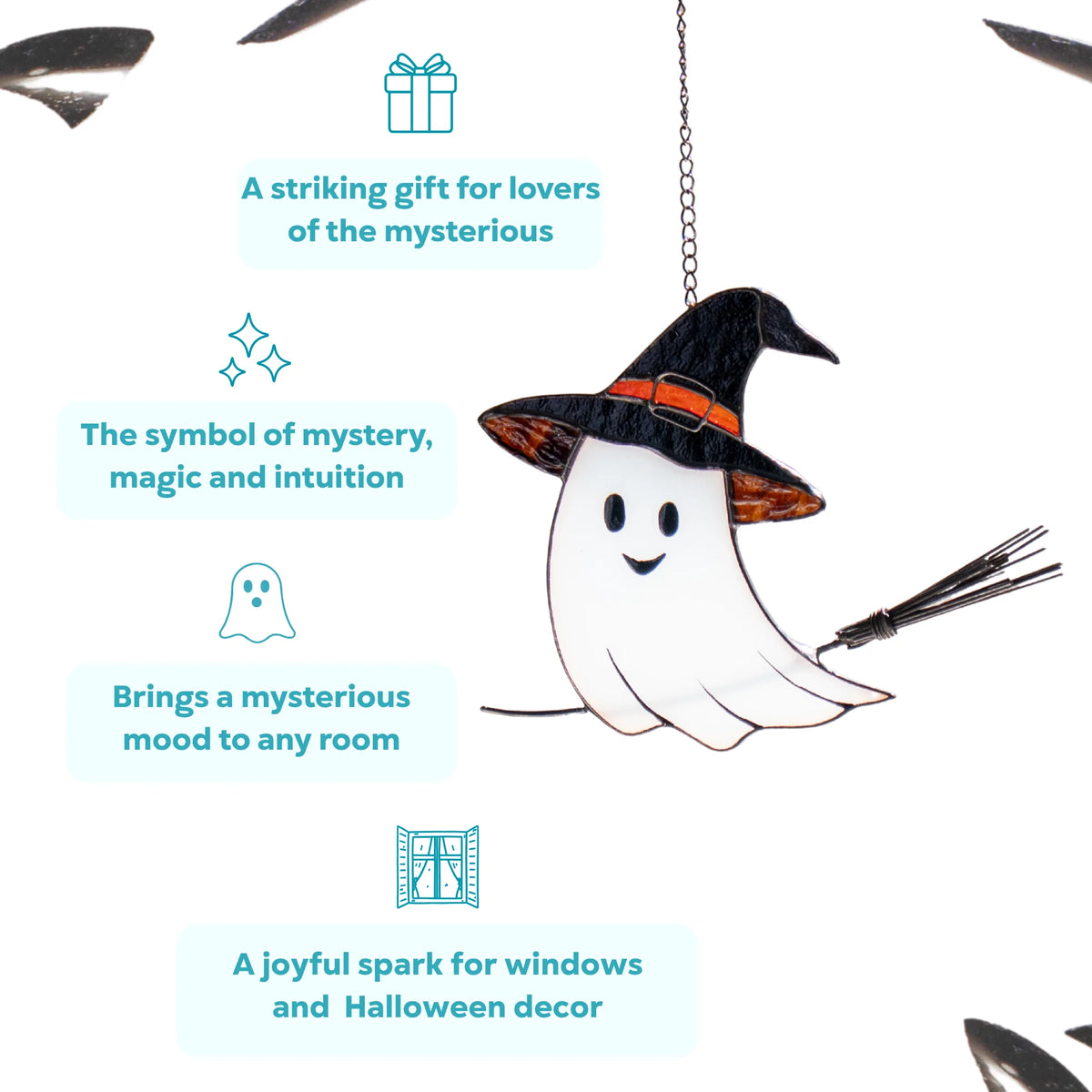 Infographic for Ghost on a Broom stained glass suncatcher calling it a striking gift for lovers of the mysterious, a symbol of mystery, magic and intuition, and a joyful spark for windows and Halloween decor