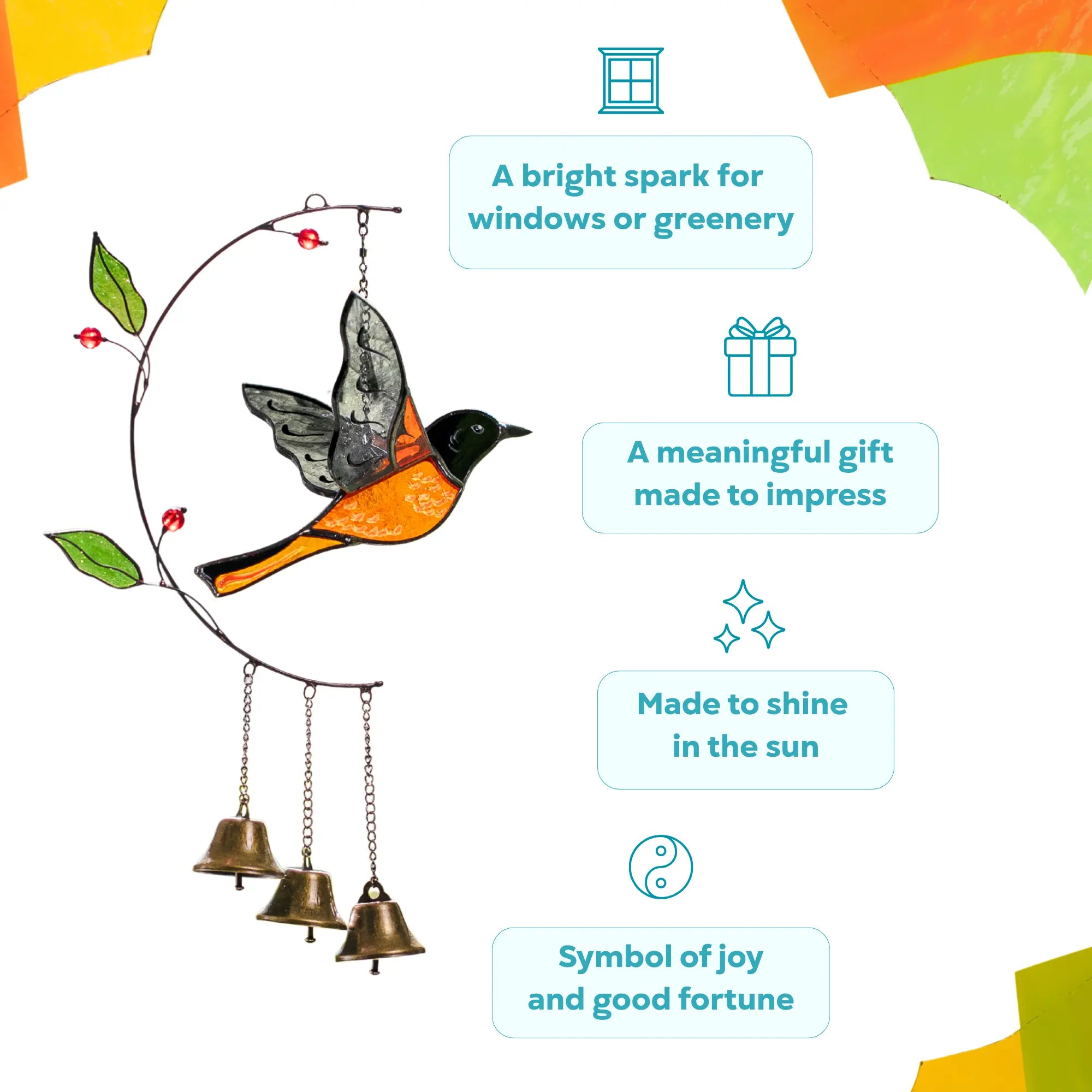 3d Baltimore Oriole with Bells - Stained Glass Wind Chime