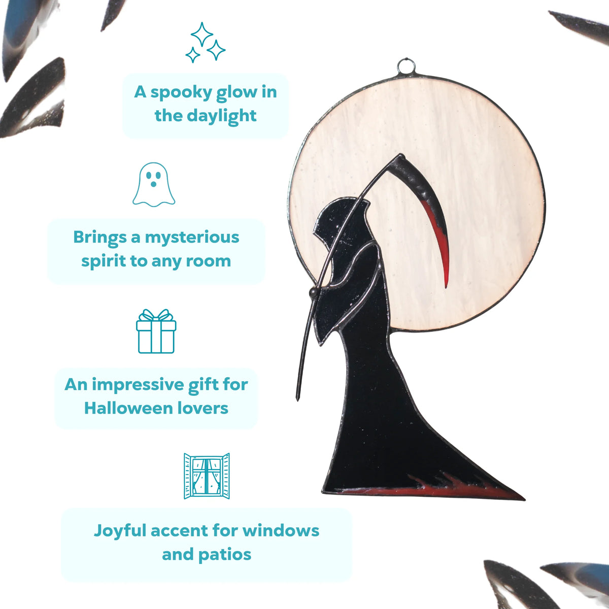 Grim Reaper and moon stained glass window hanging that glows in the daylight, brings a mysterious spirit to any room and makes an impressive gift for Halloween lovers