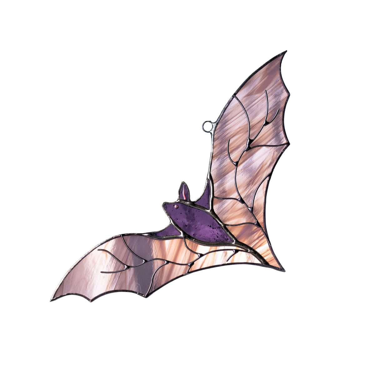 Handmade stained glass bat suncatcher with a deep purple body and pale iridescent wings outlined by dark seams - spooky Halloween window decor with a hanging ring