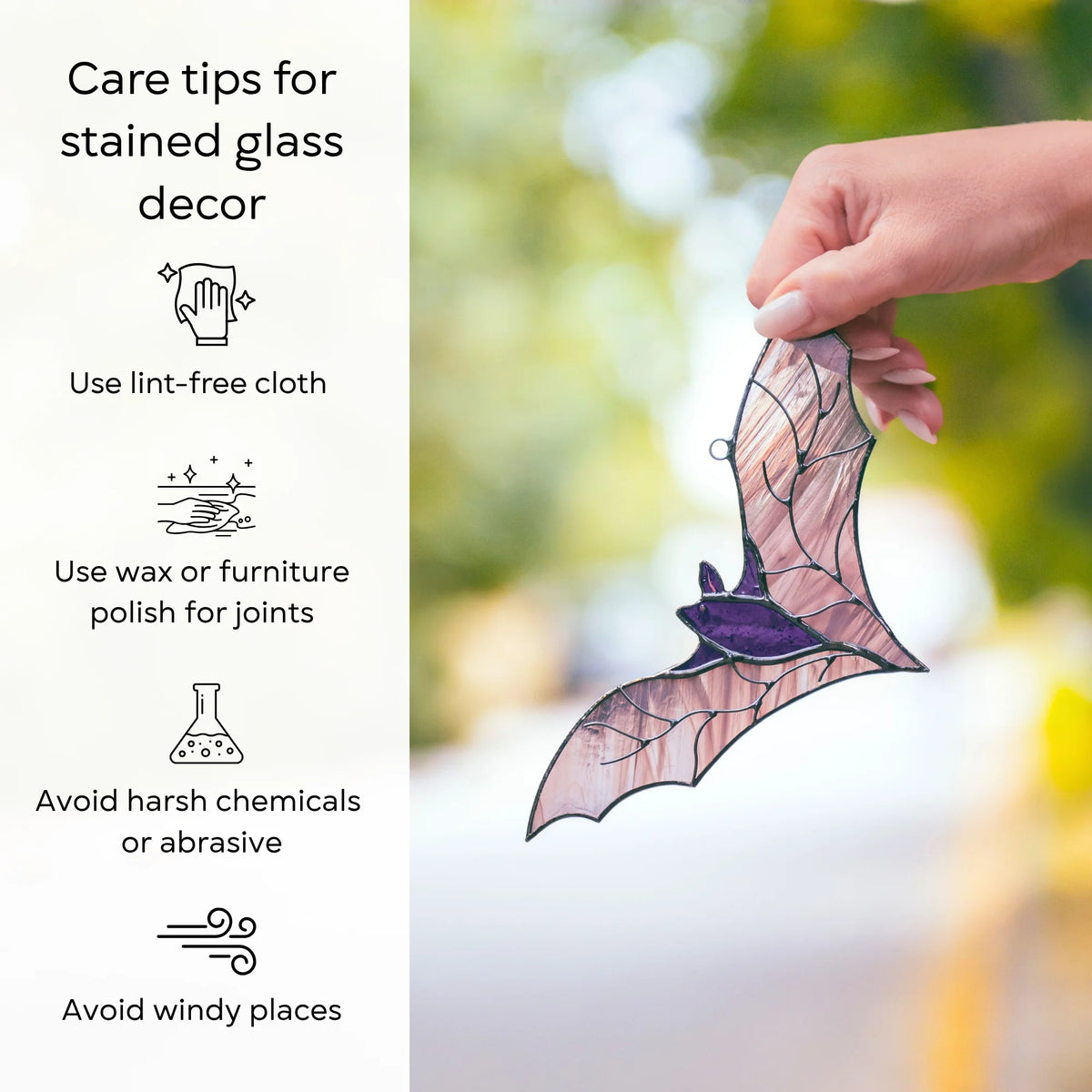 Care tips for stained glass decor - wipe the purple bat suncatcher with a lint-free cloth, wax the joints, and avoid harsh chemicals, abrasives and windy places