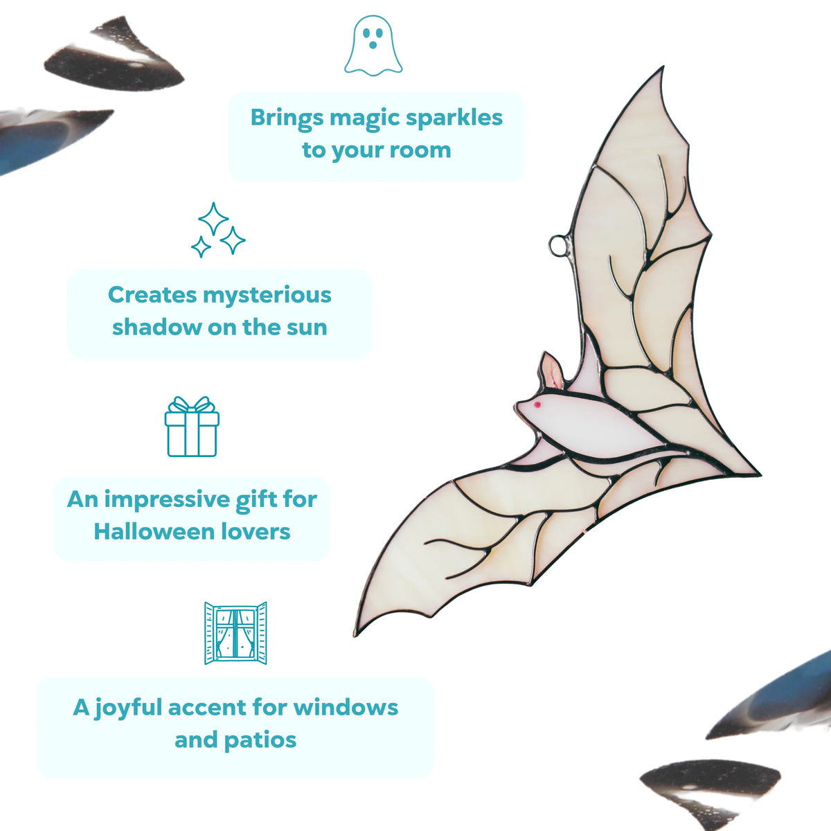 Infographic highlighting the white stained glass bat suncatcher as a magical, mysterious Halloween window and patio decor gift idea.